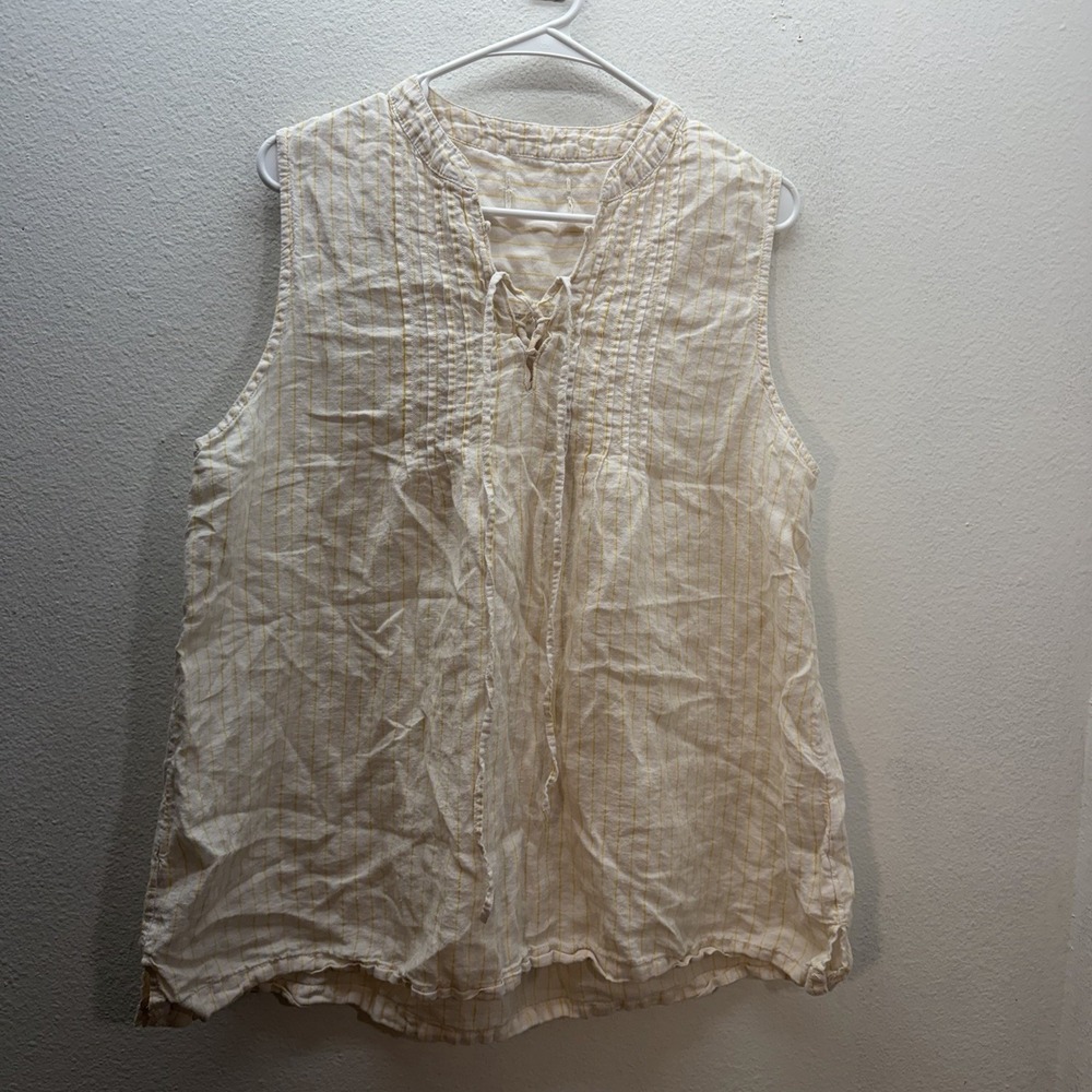 Cynthia Rowley Tank Top Women's L Yellow Striped 100% Linen Pleated Lace Up